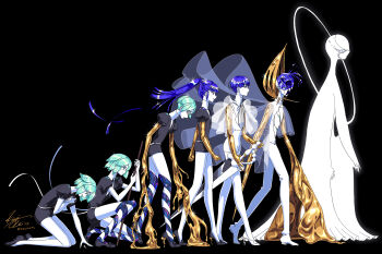 Rule 34 | 1other, absurdres, age progression, aqua hair, bald, black footwear, blue hair, bodysuit, bowl cut, broken, cloak, depressed, expressionless, from side, full body, gem uniform (houseki no kuni), golden arms, halo, hands on ground, happy, high heels, highres, holding, holding notepad, holding sword, holding weapon, houseki no kuni, kisumi rei, kneeling, leaning forward, long hair, moon uniform (houseki no kuni), multiple persona, notepad, on one knee, open mouth, other focus, phosphophyllite, phosphophyllite (10000), phosphophyllite (ll), ponytail, profile, puffy short sleeves, puffy sleeves, reverse grip, sad, see-through clothes, see-through sleeves, shards, short hair, short sleeves, shorts, simple background, smile, sparkle, spikes, spoilers, standing, stiletto heels, striped, sword, walking, weapon, white bodysuit, white footwear, wide sleeves