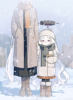 2girls aabus absurdly_long_hair absurdres aged_down black_dress black_halo black_scarf blue_archive blurry blurry_background blush boots brown_boots brown_coat character_request child closed_mouth coat commentary_request dress elbow_carry enpera faceless faceless_female fur-trimmed_boots fur_trim grey_hat hair_ornament hairclip halo hand_in_pocket hand_up hat highres hina_(blue_archive) holding holding_hands long_dress long_hair looking_at_another looking_up mother_and_daughter multiple_girls nose_blush open_clothes open_coat open_mouth orange_scarf orange_skirt outdoors parted_bangs pleated_skirt purple_eyes scarf shadow skirt snow snowing standing trench_coat very_long_hair white_coat white_hair winter winter_clothes winter_coat