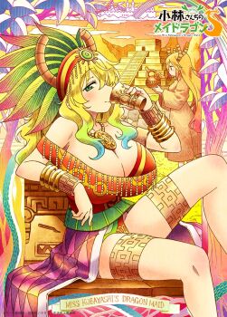 2girls aztec bare_shoulders blonde_hair blush breasts castle chichen_itza cleavage commentary_request cup curly_hair dragon_girl drinking english_text green_eyes green_hair holding holding_cup horns huge_breasts kadowaki_miku kobayashi-san_chi_no_maidragon large_breasts legs long_hair looking_at_object looking_at_viewer lucoa_(maidragon) multiple_girls official_art orange_hair outdoors pyramid_(structure) rainbow robe sitting smile teapot thick_thighs thighs tohru_(maidragon) unusually_open_eyes yellow_theme
