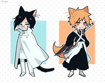2boys animal_ears armor artist_name black_hair black_hakama bleach blue_eyes cape cat_boy cat_ears cat_tail fang frown glasses hakama jacket japanese_clothes kurosaki_ichigo multiple_boys orange_eyes orange_hair sash satsumikan shihakusho shoulder_armor simple_background smile tail true_zangetsu_(shikai) wandenreich_uniform white_cape white_jacket white_sash zangetsu_(shikai) zanpakutou