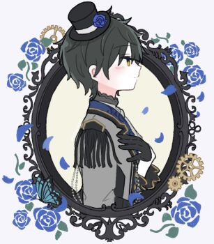 Rule 34 | 1boy, black gloves, black hat, blue flower, blue petals, blue rose, closed mouth, commentary request, ensemble stars!, flower, frilled sleeves, frills, from side, gears, gloves, hand on own chest, hand up, hat, highres, human comedy (ensemble stars!), kagehira mika, long sleeves, male focus, mani (pukakaka09), official alternate costume, orange eyes, petals, profile, rose, short hair, short sleeves, solo, upper body