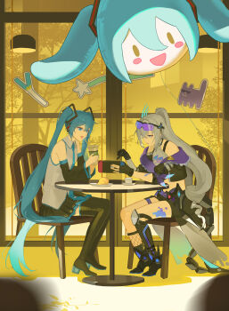 2girls absurdres black_jacket black_shorts black_skirt black_sleeves black_thighhighs blue_eyes chair character_balloon chinese_commentary collared_shirt commentary_request cropped_jacket cropped_shirt cup detached_sleeves drill_hair drinking_glass full_body goggles goggles_on_head green_eyes green_hair grey_hair grey_shirt hatsune_miku highres holding holding_cup honkai:_star_rail honkai_(series) indoors jacket knee_pads lingdu_han long_hair looking_at_object multicolored_jacket multiple_girls nintendo_switch purple_jacket shirt shorts silver_wolf_(honkai:_star_rail) silver_wolf_(lv.999)_(honkai:_star_rail) sitting skirt table thighhighs twintails two-tone_jacket vocaloid