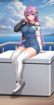 Rule 34 | 1girl, absurdres, asymmetrical clothes, blue eyes, blue hair, braid, breasts, flower, hair flower, hair ornament, highres, id card, jewelry, large breasts, long hair, looking at viewer, midnight (banyex), multicolored hair, open mouth, original, purple hair, sitting, solo, streaked hair, thighhighs, twin braids, two-tone hair, watermark, web address, white thighhighs