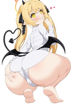 1girl absurdres ass black_ribbon black_wings blonde_hair blue_archive bluerabbit_gap blush demon_girl demon_horns demon_tail demon_wings finger_to_mouth from_behind full_body grabbing_own_ass hair_between_eyes hair_ribbon halo hand_up heart heart_tail highres horns ibuki_(blue_archive) knees_apart_feet_together kyojiri_loli leaning_forward loli long_hair looking_at_viewer looking_back no_pants orange_halo panties presenting ribbon shirt shushing solo squatting tail thighs tiptoes twintails underwear very_long_hair white_panties white_shirt wings yellow_eyes yellow_halo