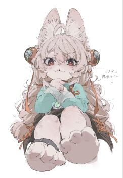 1girl ahoge animal_ear_fluff animal_ear_piercing animal_ears animal_feet anklet black_dress braid braided_twintails bright_pupils closed_mouth dress full_body furry furry_female green_shirt hair_ornament highres jewelry le_(szs0k) long_hair looking_at_viewer own_hands_together pinafore_dress pink_fur pink_hair rabbit_ears rabbit_girl red_eyes screw shirt short_eyebrows simple_background sleeveless sleeveless_dress solo sphere_hair_ornament sweatdrop thick_eyebrows translation_request white_background white_pupils zenless_zone_zero zhao_(zenless_zone_zero)