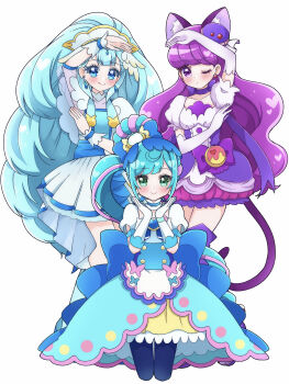 Rule 34 | 3girls, :o, absurdres, animal ears, aqua eyes, arm up, back bow, blue boots, blue bow, blue dress, blue eyes, blue hair, blue pantyhose, boots, bow, brooch, cat ears, cat tail, choker, closed mouth, collar, commentary, cropped legs, cure ange, cure macaron, cure spicy, delicious party precure, detached collar, dress, dress bow, earrings, elbow gloves, food-themed hair ornament, frilled cuffs, fuwa kokone, gloves, hair bow, hair ornament, heart, heart brooch, highres, huge bow, hugtto! precure, in-franchise crossover, jewelry, kirakira precure a la mode, knee boots, kotozume yukari, long hair, looking at viewer, macaron hair ornament, magical girl, medium dress, multicolored hair, multiple girls, one eye closed, pact holder, pantyhose, pink hair, precure, puffy short sleeves, puffy sleeves, purple boots, purple bow, purple choker, purple dress, purple eyes, purple hair, rope, shimenawa, short dress, short sleeves, side ponytail, simple background, smile, standing, streaked hair, symmetrical pose, tail, thigh boots, umiyuki (umi chu), very long hair, white background, white collar, white gloves, yakushiji saaya