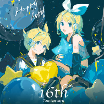 1boy 1girl absurdres anniversary balloon bass_clef black_sleeves blonde_hair blue_eyes bow detached_sleeves hair_bow hair_ornament hairclip headphones headset heart_balloon highres holding irple kagamine_len kagamine_rin looking_at_viewer number_tattoo open_mouth ponytail sailor_collar shirt short_hair short_ponytail shorts shoulder_tattoo sitting smile star_balloon tattoo treble_clef vocaloid white_bow yellow_nails