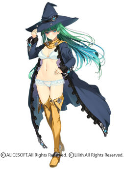1girl adjusting_clothes adjusting_headwear blue_coat blue_eyes blush boots bra coat commentary_request copyright_notice crossover full_body green_hair hand_on_own_hip hat looking_at_viewer masou_shizuka official_art orion_(orionproject) panties rance_(series) rance_x second-party_source solo standing taimanin_(series) taimanin_rpgx thigh_boots underwear white_background white_bra white_panties witch_hat yellow_boots
