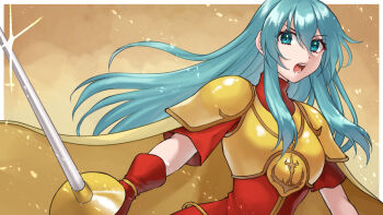 1girl :o aqua_eyes aqua_hair armor breastplate cape commentary_request dress eirika_(fire_emblem) fire_emblem fire_emblem:_the_sacred_stones gloves gold_armor hair_between_eyes hazuki_(nyorosuke) holding holding_sword holding_weapon long_hair looking_at_viewer nintendo open_mouth pauldrons rapier red_dress red_gloves short_sleeves shoulder_armor sidelocks solo sword teeth upper_body weapon yellow_cape