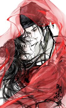 2boys artist_request bishounen black_eyes black_hair black_hat chinese_clothes chinese_text chinese_wedding commission dao_gui_yi_xian eye_contact eyelashes faux_traditional_media from_side hair_bun hair_ribbon half_updo hand_on_another&#039;s_neck hanfu hat height_difference highres honggaitou hug ink_wash_painting jewelry jin_(headwear) li_huowang long_hair long_sleeves looking_at_another looking_down male_focus multiple_boys parted_lips profile red_eyes red_hanfu red_ribbon red_veil ribbon robe second-party_source see-through_clothes see-through_veil shared_veil simple_background single_hair_bun updo upper_body veil watermark white_background white_hanfu wide_sleeves yaoi zhouzi_jin_(headwear) zhuge_yuan