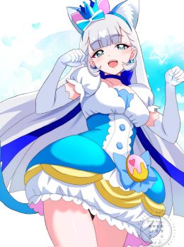 adapted_costume blue_eyes bow brooch cosplay cowboy_shot cure_macaron cure_macaron_(cosplay) cure_nyammy dress earrings elbow_gloves food-themed_brooch food-themed_hair_ornament gloves hair_ornament highres jewelry long_hair macaron_hair_ornament magical_girl momotarouooi nekoyashiki_yuki pom_pom_(clothes) pom_pom_earrings precure two-tone_dress white_dress white_gloves wonderful_precure!