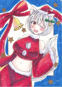 1girl absurdres animal_ear_fluff animal_ears bell blue_border blush border breasts chakoshi_(chachachakoshi) christmas commentary_request cowboy_shot crop_top detached_sleeves double-parted_bangs dutch_angle fang fur-trimmed_headwear fur-trimmed_pants fur-trimmed_shirt fur_trim hair_between_eyes hat highres inubashiri_momiji large_breasts long_sleeves looking_at_viewer marker_(medium) midriff navel one_eye_closed open_mouth outline pants pom_pom_(clothes) red_eyes red_hat red_pants red_ribbon red_shirt ribbon santa_costume santa_hat shirt short_hair simple_background sleeves_past_wrists smile snowing solo star_(symbol) tail touhou traditional_media white_background white_hair white_outline wide_sleeves wolf_ears wolf_girl wolf_tail