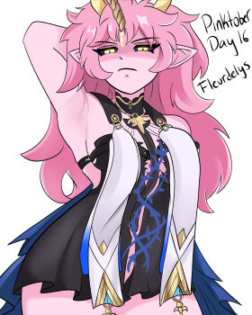 1girl absurdres acidart artist_name ashido_mina black_sclera boku_no_hero_academia colored_sclera colored_skin cosplay female_focus fleurdelys_(wuthering_waves) highres horns pink_hair pink_skin pointy_ears solo wuthering_waves yellow_eyes yellow_horns