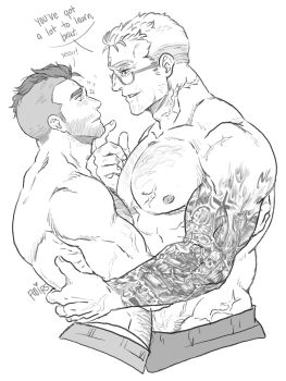 2boys abs aged_up bara beard beard_stubble bespectacled black_hair call_of_duty call_of_duty:_modern_warfare_2 chest_hair chii_(fwipsart) couple cropped_legs english_text eye_contact facial_hair from_side ghost_(modern_warfare_2) glasses greyscale hairy highres large_pectorals looking_at_another male_focus mature_male monochrome multiple_boys muscular muscular_male mustache_stubble navel_hair nipples no_mask pectorals profile scar short_hair sideburns_stubble soap_(modern_warfare_2) stubble tattoo thick_eyebrows topless_male undercut yaoi