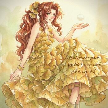 1girl aerith_gainsborough alternate_costume bare_shoulders blush breasts brown_hair bubble cleavage dress feet_out_of_frame final_fantasy final_fantasy_vii ginkgo_leaf gold_bangle green_eyes hair_ornament highres leaf leaf_dress leaf_hair_ornament light_smile long_dress long_hair looking_at_viewer medium_breasts monsterbf1ilove parted_bangs ponytail sidelocks sleeveless sleeveless_dress solo twitter_username wavy_hair yellow_background yellow_dress
