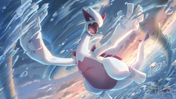 Rule 34 | alternate color, black eyes, cloud, commentary request, fangs, flying, gen 2 pokemon, highres, hooh lin, legendary pokemon, lugia, nintendo, no humans, ocean, open mouth, pokemon, pokemon (creature), shiny pokemon, signature, sky, solo, twilight, water, water drop, whirlpool