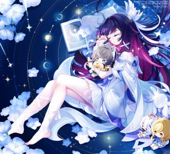 1girl ^_^ bare_shoulders barefoot black_hair blonde_hair blue_eyes blue_flower book brown_hair character_doll closed_eyes closed_mouth columbina_(genshin_impact) commentary_request doll dress fingernails flower full_body genshin_impact hair_ornament halo highres holding holding_doll hoshiusagi_no_chloe light_smile long_hair lumine_(genshin_impact) luonnotar_(genshin_impact) lying multicolored_hair on_side open_book paimon_(genshin_impact) purple_hair sandrone_(genshin_impact) sidelocks sitting solo very_long_hair white_dress white_hair wing_hair_ornament yellow_eyes