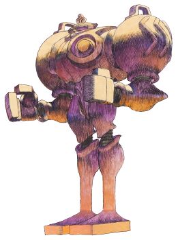 Rule 34 | armor, bengus, darkstalkers, from side, full body, game cg, highres, huitzil (darkstalkers), mecha, mechanical arms, mechanical legs, non-web source, official art, painting (medium), robot, simple background, solo, standing, traditional media, watercolor (medium), white background, yellow armor