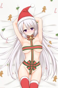Rule 34 | 1girl, absurdres, alternate costume, armpits, arms behind head, arms up, ayachi nene, bed sheet, bell, blush, bow, bowtie, breasts, breasts apart, christmas, christmas ornaments, closed mouth, collarbone, commentary, cowboy shot, dakimakura (medium), eyelashes, eyes visible through hair, fur-trimmed headwear, fur-trimmed thighhighs, fur trim, gluteal fold, green bow, green ribbon, grey hair, groin, hair between eyes, hair spread out, hat, highres, large breasts, long hair, looking at viewer, lying, naked ribbon, neck bell, on back, partially visible vulva, presenting own body, purple eyes, red bow, red hat, red ribbon, red thighhighs, ribbon, sanoba witch, santa costume, santa hat, shiny skin, shiroha daisuki, skindentation, smile, solo, split mouth, straight hair, striped bow, striped bowtie, striped clothes, tareme, thigh gap, thighhighs, thighs, two-tone ribbon, very long hair, your present is me