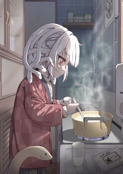 1girl absurdres amazake_(drink) blue_fire boiling cooking_pot cup disposable_cup electric_fan fire highres holding holding_cup indoors kyouwashi ladle lolibaba new_year original red_eyes red_shirt shirt snake snake_hair solo standing steam stove white_hair