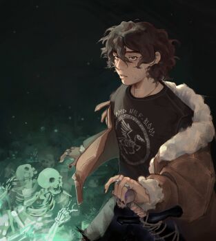 1boy black_hair black_nails black_shirt brown_jacket commentary cowboy_shot curly_hair english_commentary fur_trim glowing highres itsis0k jacket jewelry looking_at_viewer male_focus multiple_rings nico_di_angelo parted_lips percy_jackson_and_the_olympians print_shirt ring scar scar_on_face shirt short_hair skeleton solo t-shirt underlighting