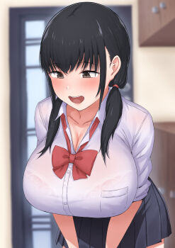 1girl absurdres black_hair black_skirt blush bow bowtie bra bra_visible_through_clothes breasts brown_eyes cleavage collared_shirt dress_shirt hair_over_shoulder highres huge_breasts indoors lace lace-trimmed_bra lace_trim leaning_forward long_hair long_sleeves looking_down low_twintails miniskirt open_mouth original pleated_skirt red_bow red_bowtie school_uniform see-through_clothes see-through_shirt shirt shoshan skirt sleeves_rolled_up smile solo twintails underwear v_arms white_shirt wing_collar