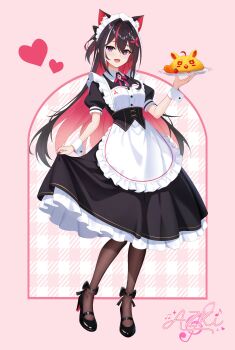 Rule 34 | 1girl, absurdres, alternate costume, animal ears, apron, azki (hololive), black dress, black hair, black shoes, braid, cat ears, character name, colored inner hair, commentary request, double-parted bangs, dress, enmaided, food, frilled apron, frilled dress, frills, full body, hair intakes, half up half down braid, high heels, highres, holding, holding plate, hololive, long hair, looking at viewer, maid, maid headdress, mole, mole under eye, multicolored hair, omelet, omurice, open mouth, pink hair, plate, puffy short sleeves, puffy sleeves, purple eyes, shoes, short sleeves, sidelocks, skirt hold, solo, strappy heels, streaked hair, telu (teluscarlet), very long hair, virtual youtuber, white apron, white hair, wrist cuffs