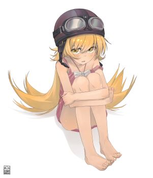 1girl absurdres artist_logo aviator_cap aviator_goggles bare_legs barefoot black_helmet blonde_hair center_frills commentary dress fingernails flat_chest flipped_hair frills from_above from_side goggles goggles_on_headwear hair_between_eyes hair_flaps halter_dress halterneck helmet highres hugging_own_legs knees_to_chest kwms light_blush logo long_hair looking_at_viewer monogatari_(series) open_mouth oshino_shinobu pink_dress ringed_eyes shadow sharp_fingernails short_dress simple_background sitting sleeveless sleeveless_dress slit_pupils solo strap_slip sundress symbol-only_commentary toenails toes very_long_hair white_background white_nails yellow_eyes