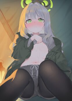 1girl areola_slip black_pantyhose blue_archive blush clothes_lift flat_chest green_eyes green_halo green_jacket grey_hair grey_shirt halo hare_(blue_archive) hare_(camp)_(blue_archive) highres jacket lantern lifting_own_clothes long_hair looking_at_viewer official_alternate_costume pantyhose shirt shirt_lift shorts sitting solo sweat tent tent_interior tofu1601