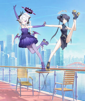 2girls ;) absurdres arm_up armpits ass bad_tag bare_shoulders black_dress black_hair black_halo blue_archive blue_sky blurry bridge building butterfly_hair_ornament china_dress chinese_clothes cityscape collarbone commentary_request demon_girl demon_horns demon_wings depth_of_field double_bun dragon_print dress earrings elbow_gloves evening_gown fence full_body gloves grey_eyes grey_halo hair_between_eyes hair_bun hair_ornament halo helmet highres hina_(blue_archive) hina_(dress)_(blue_archive) holding_hands horns interlocked_fingers jewelry kisaki_(blue_archive) leg_up long_hair looking_at_viewer multicolored_halo multiple_girls necklace official_alternate_costume official_alternate_hairstyle okazakileo one_eye_closed outdoors pantyhose pearl_necklace pelvic_curtain pendant ponytail print_dress purple_dress purple_eyes purple_gloves purple_pantyhose reflection reflective_water river riverbank roller_skates shadow side_slit sidelocks single_earring skates sky skyscraper smile split standing standing_on_one_leg standing_split starry_sky_print strapless strapless_dress tied_arch_bridge twintails two-tone_halo wavy_hair white_hair wings