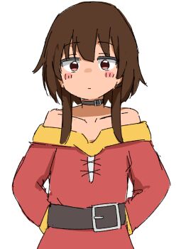1girl arms_behind_back bad_tag bare_shoulders belt blush blush_stickers brown_hair closed_mouth collar cowboy_shot double-parted_bangs dress flat_chest gold_trim hair_between_eyes highres kendama_club kono_subarashii_sekai_ni_shukufuku_wo! locks long_sleeves looking_at_viewer magical_girl megumin no_headwear off-shoulder_dress off_shoulder red_dress red_eyes short short_hair_with_long_locks simple_background solo standing white_background