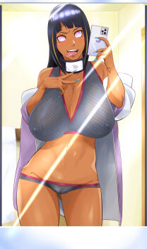 1girl black_hair breasts covered_erect_nipples dark-skinned_female dark_skin female_focus full_body highres huge_breasts hyuuga_hinata licking long_hair multicolored_hair naruto:_road_to_ninja naruto_(series) naruto_shippuuden open_mouth panties phone purple_eyes sahara_wataru swimsuit underwear