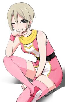 1girl bare_shoulders belt breasts cosplay dress grin highres linda_(linda_cube) linda_cube looking_at_viewer mighty_morphin_pink_ranger mimiko335 one_eye_closed pink_ranger_(cosplay) power_rangers ptera_ranger short_hair simple_background smile solo thighhighs v white_background