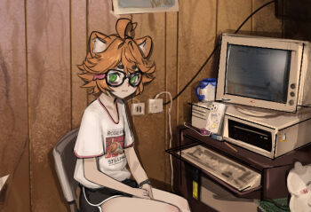 1girl black-framed_eyewear black_shorts brown_hair commentary computer computer_keyboard crt cup danceagainart dolphin_shorts english_commentary expressionless fish_hair_ornament glasses green_eyes hair_ornament highres indie_virtual_youtuber indoors looking_at_viewer mikan_the_mink mink_girl monitor mug pencil photo-referenced shirt short_hair shorts solo thick_eyebrows thighs upper_body virtual_youtuber watch white_shirt wooden_wall wristwatch