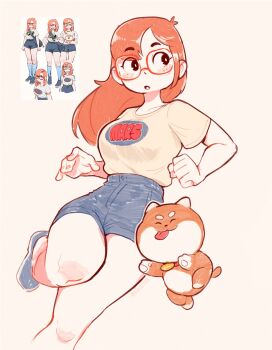 1girl absurdres angry asymmetrical_bangs black_eyes blue_bag blue_shoes blue_shorts blue_socks borrowed_character breasts bright_pupils closed_eyes collar collarbone commentary denim denim_shorts dog double_horizontal_stripe english_commentary faux_traditional_media foot_out_of_frame freckles full_body gaziter glasses high-waist_shorts highres long_hair looking_to_the_side medium_breasts multiple_views open_mouth orange_hair outline rectangular_eyewear red-framed_eyewear red_collar reference_inset rita_(sweethex) shirt shirt_tucked_in shoes short_eyebrows short_sleeves shorts simple_background socks standing standing_on_one_leg straight_hair sweethex teeth tongue tongue_out twitter_username upper_body upper_teeth_only white_outline white_pupils yellow_background yellow_shirt