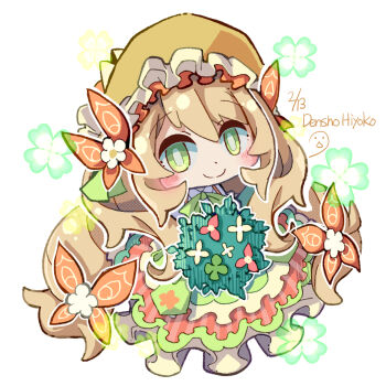 Rule 34 | 1girl, artist name, blonde hair, blush, bouquet, butterfly hair ornament, celine (fire emblem), celine (love's aroma) (fire emblem), chibi, chibi only, closed mouth, clover, commentary request, dated, dress, fire emblem, fire emblem engage, fire emblem heroes, flower, four-leaf clover, frilled dress, frills, full body, green eyes, hair between eyes, hair ornament, hat, highres, holding, holding bouquet, long hair, looking at viewer, nintendo, official alternate costume, orange hat, ryoto soukyuu, smile, solo, very long hair