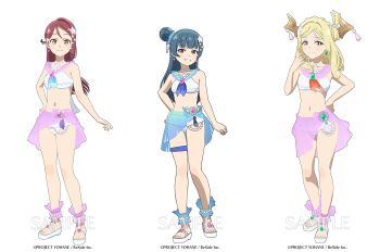 3d 3girls alternate_costume anklet bare_arms bare_shoulders beads bikini blonde_hair blue_hair blue_sarong blush breasts brooch collarbone criss-cross_halter demon_horns earrings full_body genjitsu_no_yohane green_eyes hair_bun hair_ornament halterneck hand_on_own_hip highres horns jewelry legs looking_at_viewer love_live! love_live!_sunshine!! midriff multiple_girls navel official_art ohara_mari pink_sarong platform_footwear red_eyes red_hair sakurauchi_riko sample_watermark sarong see-through_clothes see-through_sarong shell shell_hair_ornament smile standing starfish_hair_ornament swimsuit thigh_strap thighs tsushima_yoshiko watermark white_bikini white_footwear yellow_eyes