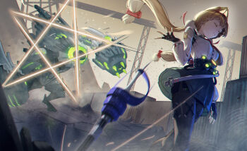 1girl 1other absurdres alice_thymefield animal_ears aqby69 attack belt black_pantyhose blonde_hair chest_bow closed_eyes construction_site container dropping ethereal_(zenless_zone_zero) fighting fingerless_gloves gloves green_skirt hair_ornament heterochromia highres long_hair pantyhose rabbit_ears rabbit_girl shirt skirt sphere_hair_ornament star_(symbol) twintails weapon white_shirt zenless_zone_zero