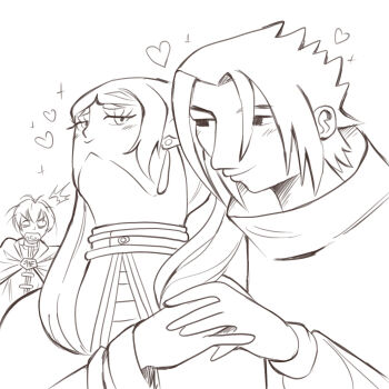 1girl 2boys bad_sasuke_drawing_(meme) caldatelier capelet commentary earrings english_commentary frieren greyscale heart highres himmel_(sousou_no_frieren) jewelry meme monochrome multiple_boys naruto_(series) quality robe short_hair short_twintails sousou_no_frieren sparkle twintails upward_angle_frieren_drawing_(meme)