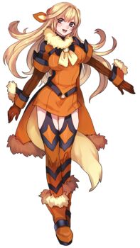Rule 34 | 1girl, :d, arcanine, archived source, blonde hair, boots, dress, full body, fur-trimmed footwear, fur collar, fur trim, gen 1 pokemon, gloves, grey eyes, hair intakes, humanization, katagiri hachigou, long hair, nintendo, open mouth, orange boots, orange dress, orange gloves, orange thighhighs, personification, pokemon, short dress, simple background, smile, solo, thighhighs, white background
