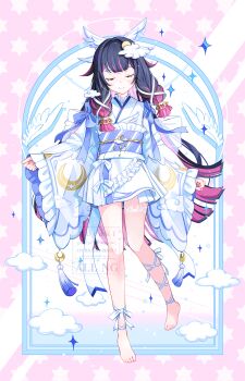 1girl angel_wings barefoot black_hair blue_ribbon blush border closed_eyes closed_mouth columbina_(genshin_impact) commentary_request frilled_sleeves frills full_body genshin_impact highres japanese_clothes kimono leg_ribbon long_hair long_sleeves multicolored_hair obi outside_border pink_border pink_hair purple_sash ribbon sash smile solo streaked_hair striped_sash two-tone_hair watermark white_kimono wide_sleeves wings yutukicom