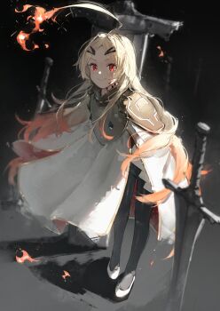 1girl absurdres black_pantyhose blonde_hair closed_mouth coat commentary full_body fuunyon hair_ornament hairclip highres long_hair looking_at_viewer pantyhose parted_bangs planted planted_sword planted_weapon red_eyes shoes smile solo standing sword teoritta weapon white_coat white_shoes yuushakei_ni_shosu