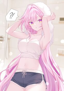 !? 1girl absurdres alternate_costume arms_up bare_shoulders black_shorts breasts cleavage collarbone commentary cowboy_shot cyrene_(demiurge)_(honkai:_star_rail) cyrene_(honkai:_star_rail) diamond-shaped_pupils diamond_(shape) dolphin_shorts hair_intakes highres honkai:_star_rail honkai_(series) indoors large_breasts long_hair looking_at_viewer navel open_mouth pink_hair seno_(senohime) shirt shorts shower_(place) solo spoken_interrobang stomach symbol-only_commentary symbol-shaped_pupils thighs towel towel_on_head very_long_hair white_shirt