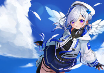 Rule 34 | 1girl, amane kanata, amane kanata (work), aqua wings, belt, black dress, black gloves, blue hair, blush, cloud, cloudy sky, colored inner hair, commentary request, dress, feathers, flying, gloves, gradient wings, grey hair, hair between eyes, hair ornament, hairclip, halo, high collar, highres, hololive, jacket, long hair, long sleeves, looking at viewer, multicolored hair, multicolored wings, official alternate costume, official alternate hairstyle, omu omelette, open mouth, partially fingerless gloves, purple eyes, single hair intake, sky, solo, star (symbol), star halo, streaked hair, virtual youtuber, white feathers, white jacket, wings