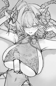 1girl absurdres ahoge armpits azur_lane blush braid breasts china_dress chinese_clothes commentary covered_navel curled_horns dress fangs freng greyscale hair_intakes highres hindenburg_(azur_lane) hindenburg_(dancer_of_the_deep_chamber)_(azur_lane) horns huge_breasts long_hair looking_at_viewer lotion_bottle low_twin_braids lying monochrome official_alternate_costume on_back open_mouth pointy_ears solo sweatdrop twin_braids