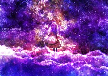 Rule 34 | 1girl, basket, dress, faceless, faceless female, flaired sleeves, foaming waves, holding, holding basket, long hair, long sleeves, ocean, original, pants, red dress, solo, star (sky), star (symbol), starry background, wakusei habuti, water