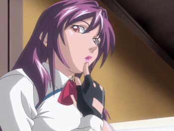 00s 1girl 2006 animated animated_gif bible_black bible_black_new_testament bow bowtie breasts cleavage cleavage_cutout clothing_cutout earrings female_focus gloves ichikawa_aki jewelry large_breasts lipstick long_hair makeup pouty purple_hair red_eyes shin_bible_black sidelocks tagme