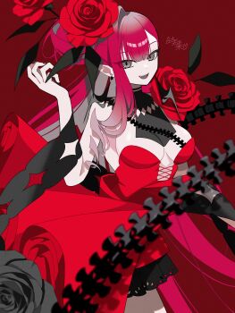 1girl absurdres baobhan_sith_(celebratory_attire)_(fate) baobhan_sith_(fate) bare_shoulders breasts cleavage commentary_request dress earrings fate/grand_order fate_(series) flower grey_eyes highres jewelry koma315ht large_breasts long_hair looking_at_viewer open_mouth pink_hair pointy_ears red_dress rose sidelocks smile solo