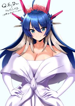 1girl absurdres ahoge bare_shoulders blue_eyes blue_hair breasts cleavage commentary_request commission dragon_girl dragon_horns dress duel_masters duel_masters_play&#039;s flower gloves grey_hair hair_between_eyes hair_flower hair_ornament hands_on_own_hips highres horns huge_breasts long_hair multicolored_hair q.e.d._(duel_masters) skeb_commission solo tanityu translation_request veil wedding_dress white_gloves