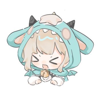 &gt;_&lt; 1girl animal_costume animal_ear_hood animal_ears annoyed aqua_cloak aqua_wings bell black_horns black_vest blonde_hair chibi chinese_commentary clenched_hands cloak commentary_request cropped_torso deepwood_dream_(infinity_nikki) dragon_costume dragon_wings fake_animal_ears fake_wings hood hood_up hooded_cloak horned_hood horns infinity_nikki light_blush long_sleeves lop_rabbit_ears neck_bell nikki_(series) open_mouth puffy_long_sleeves puffy_sleeves rabbit_ears shirt short_hair sidelocks simple_background small_horns solo vest white_background white_shirt wings yumo900044